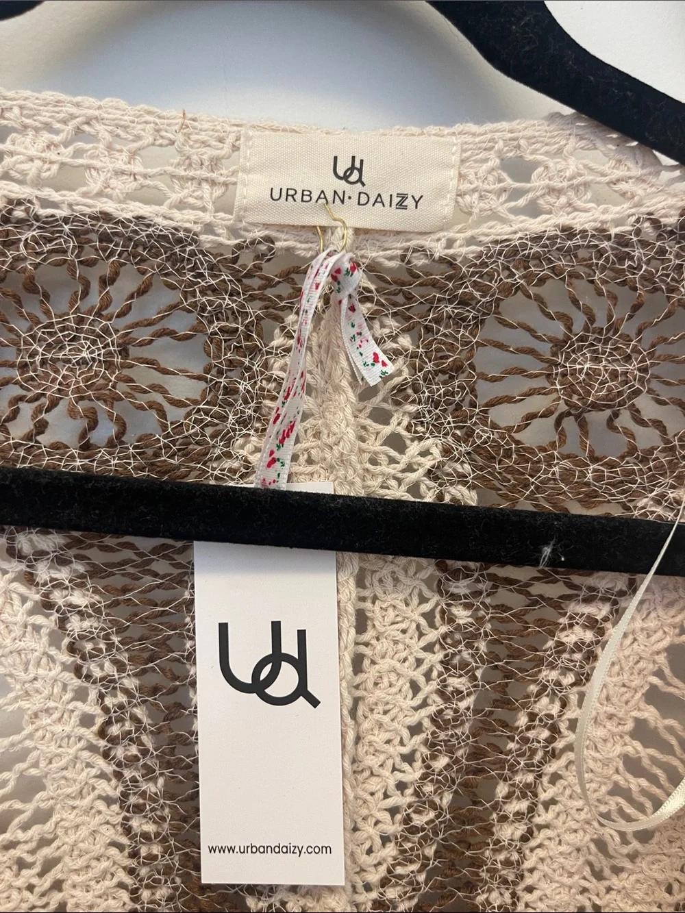 Cream & Brown Crochet Open Cardigan Sweater - Picture 2 of 8
